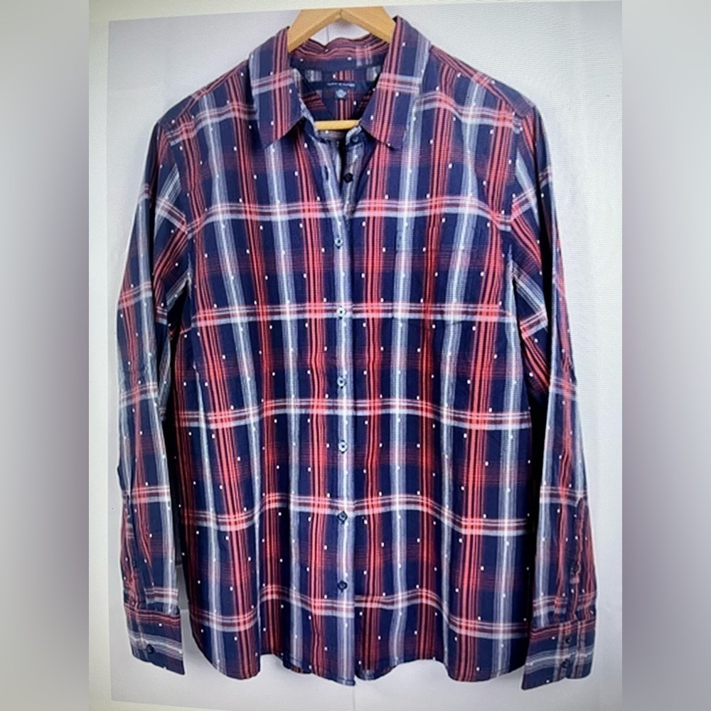 Tommy Hilfinger Womens Plaid Blue Red 100% Cotton Button Up Shirt XXL T